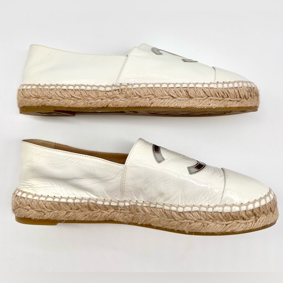 Chanel CC Logo Espadrilles Distressed Patent White Leather Flats EU 39 US 8-8.5 - Picture 7 of 14